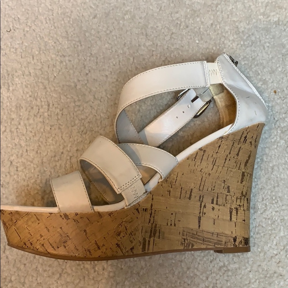 Express white strap wedges